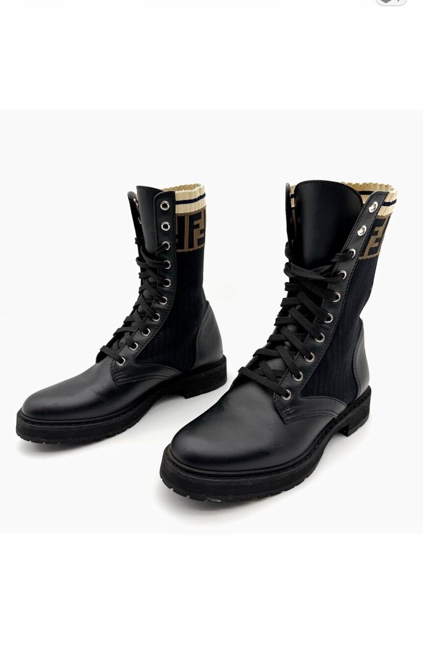 FENDI Rockoko Leather Biker Combat Boots Size 36.5 Brown Black FF Boots Sock